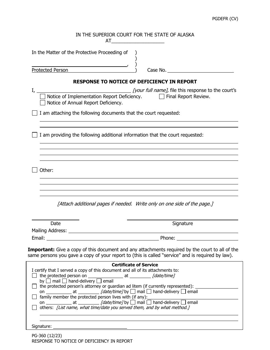 Form PG-360 Response to Notice of Deficiency in Report - Alaska, Page 1