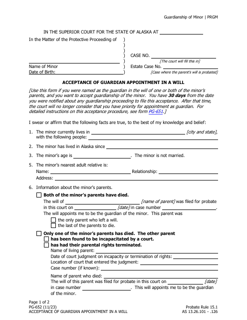 Form PG-652 Acceptance of Guardian Appointment in a Will - Alaska