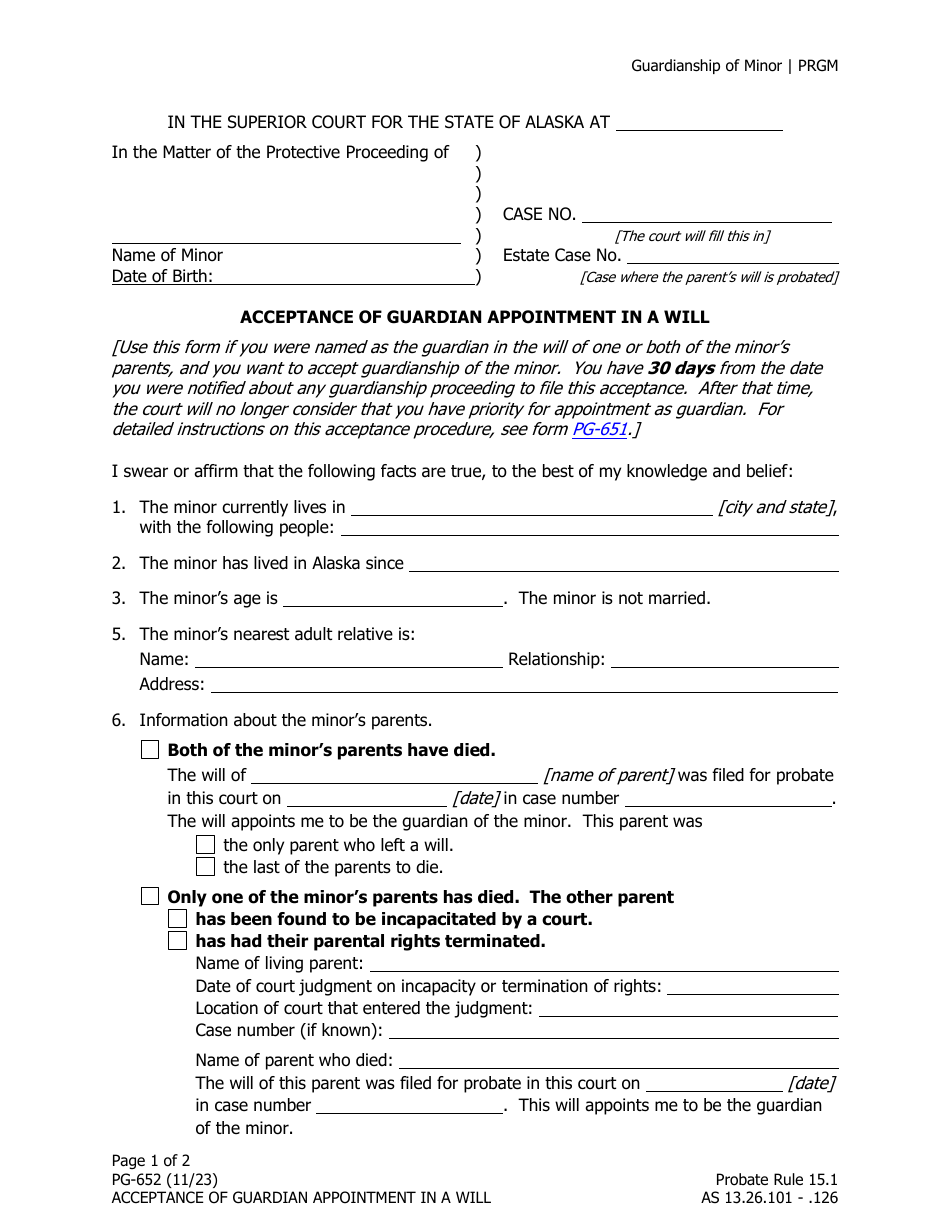 Form PG-652 Acceptance of Guardian Appointment in a Will - Alaska, Page 1