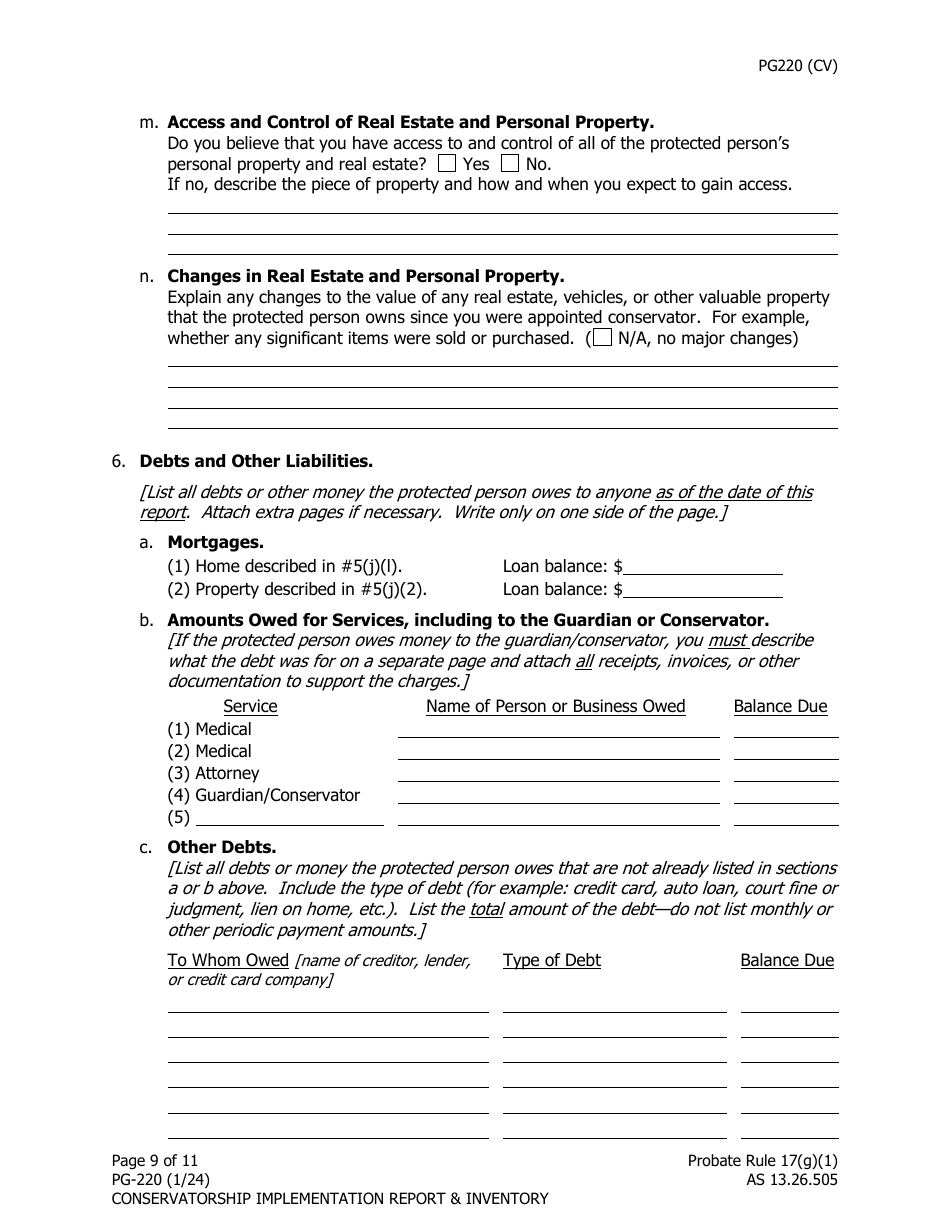 Form PG-220 Conservatorship Implementation Report and Inventory - Alaska, Page 10
