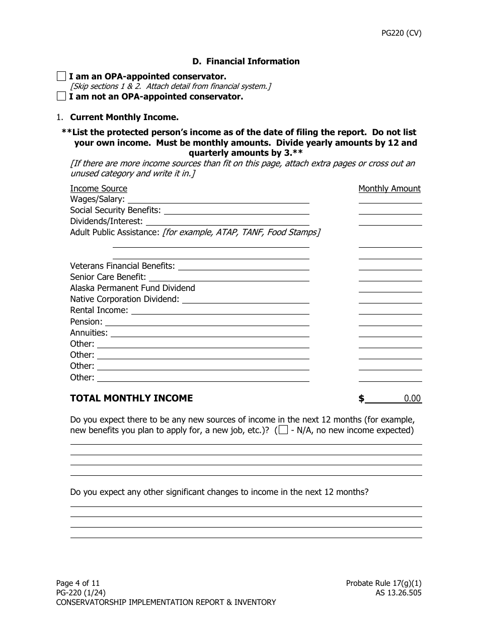 Form PG-220 Conservatorship Implementation Report and Inventory - Alaska, Page 5