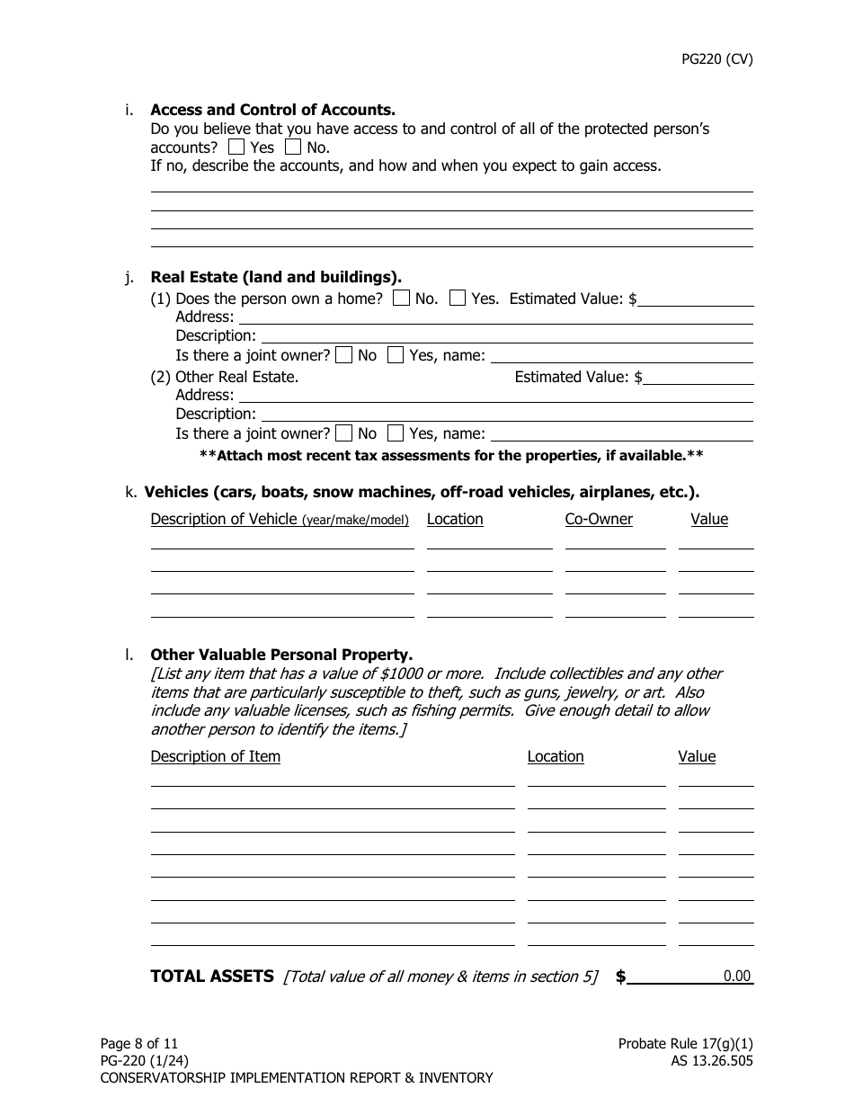 Form PG-220 Conservatorship Implementation Report and Inventory - Alaska, Page 9