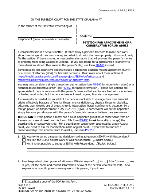 Form PG-104 Petition for Appointment of a Conservator for an Adult - Alaska