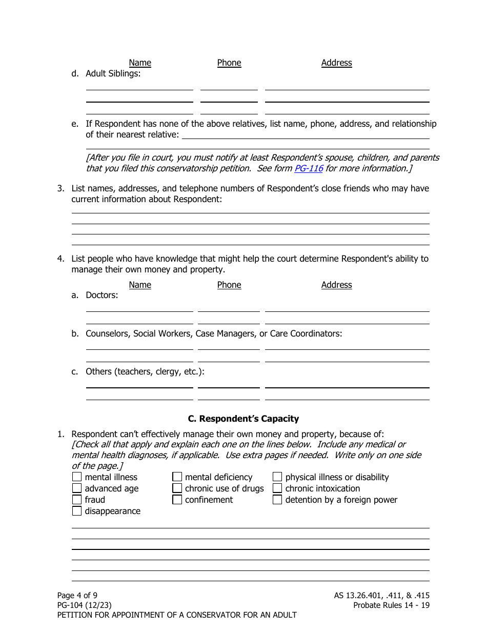 Form PG-104 Petition for Appointment of a Conservator for an Adult - Alaska, Page 4