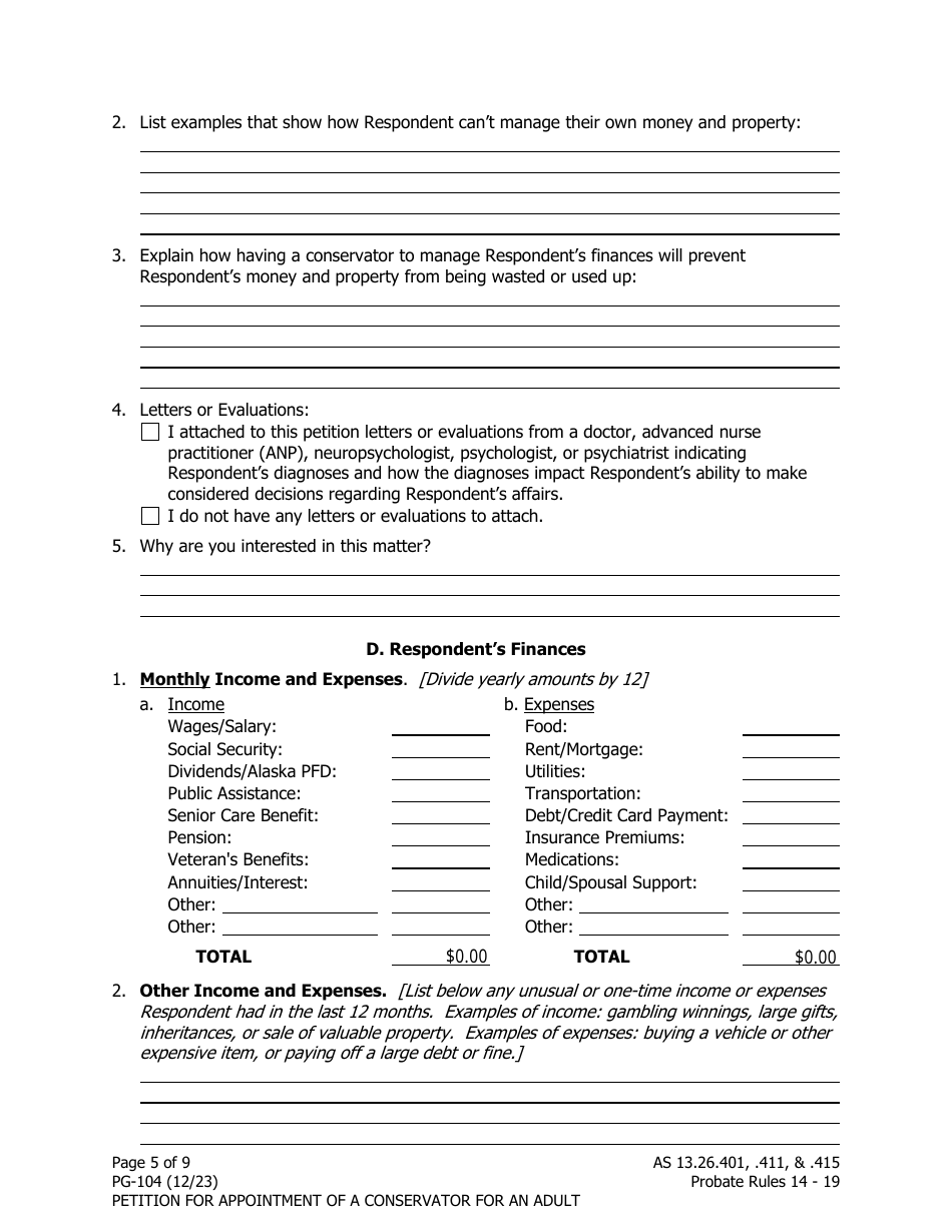 Form PG-104 Petition for Appointment of a Conservator for an Adult - Alaska, Page 5