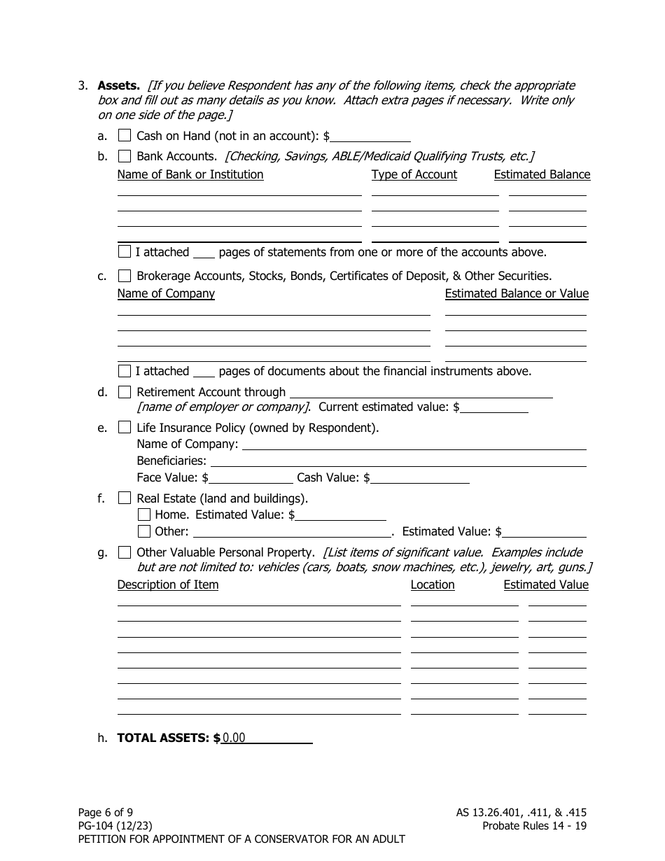Form PG-104 Petition for Appointment of a Conservator for an Adult - Alaska, Page 6