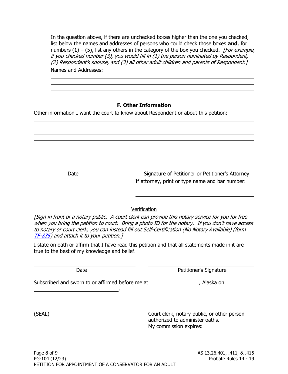 Form PG-104 Petition for Appointment of a Conservator for an Adult - Alaska, Page 8