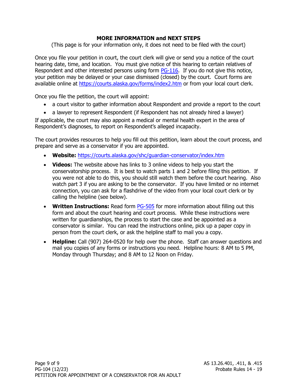 Form PG-104 Petition for Appointment of a Conservator for an Adult - Alaska, Page 9