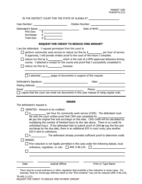 Form TR-405 Request for Credit to Reduce Fine Amount - Alaska