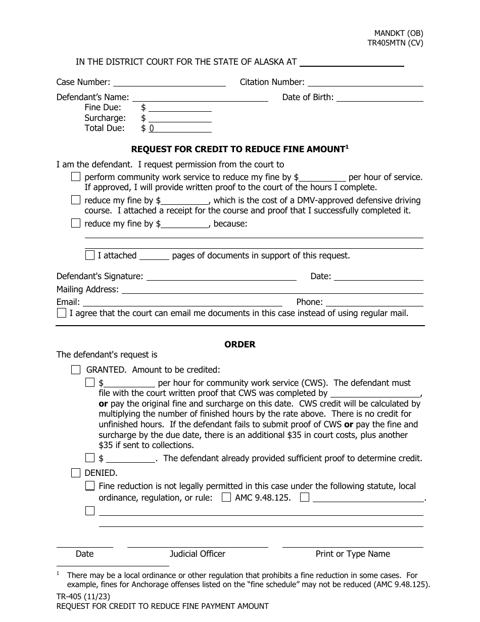 Form TR-405 Request for Credit to Reduce Fine Amount - Alaska, Page 1