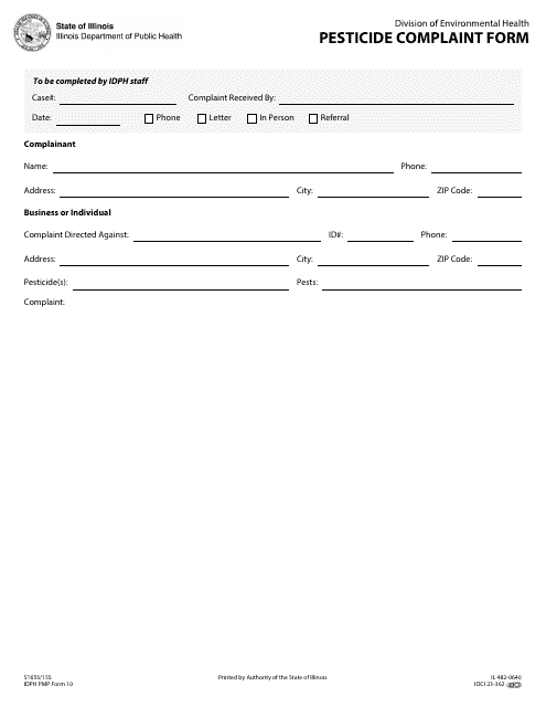IDPH PMP Form 10 (IL482-0640) Pesticide Complaint Form - Illinois