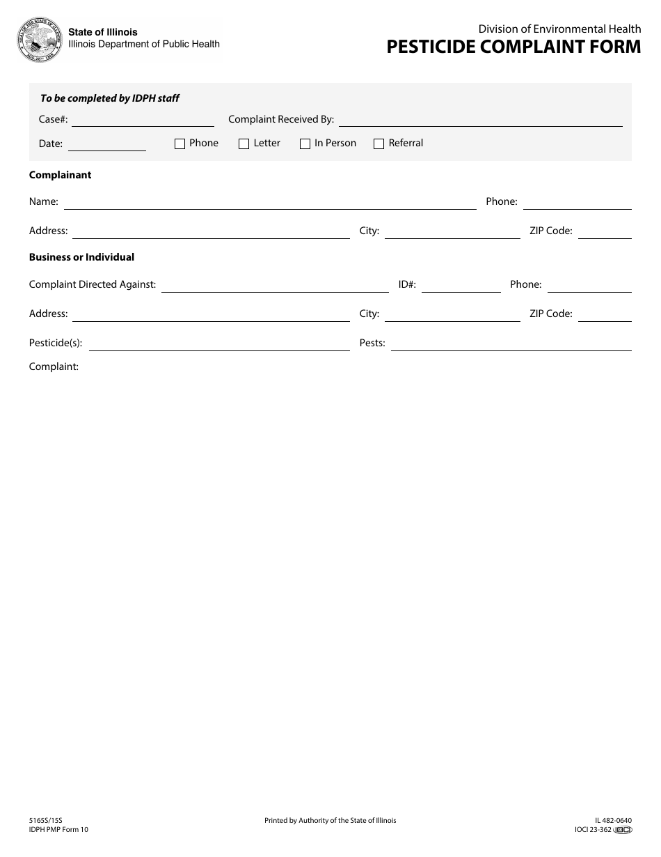 IDPH PMP Form 10 (IL482-0640) Pesticide Complaint Form - Illinois, Page 1
