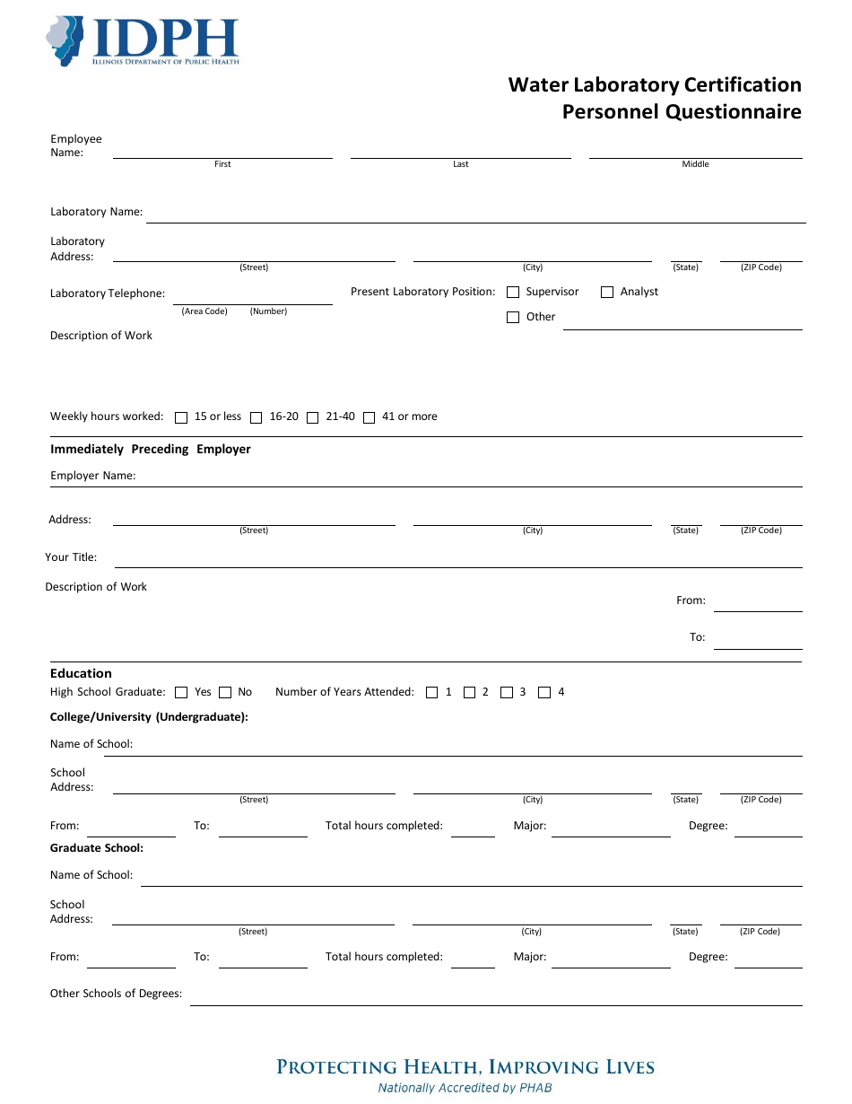 Water Laboratory Certification Personnel Questionnaire - Illinois, Page 1