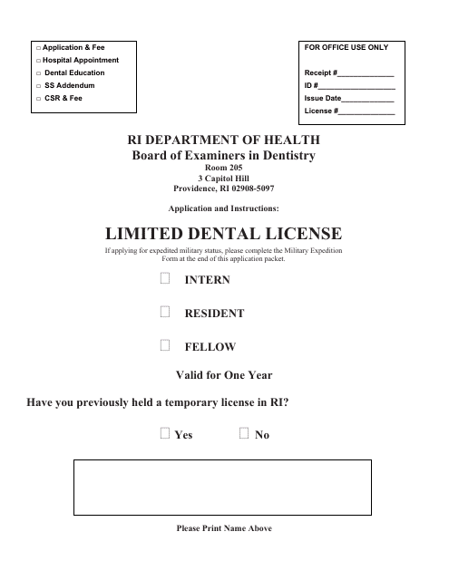 Limited Dental License Application - Rhode Island