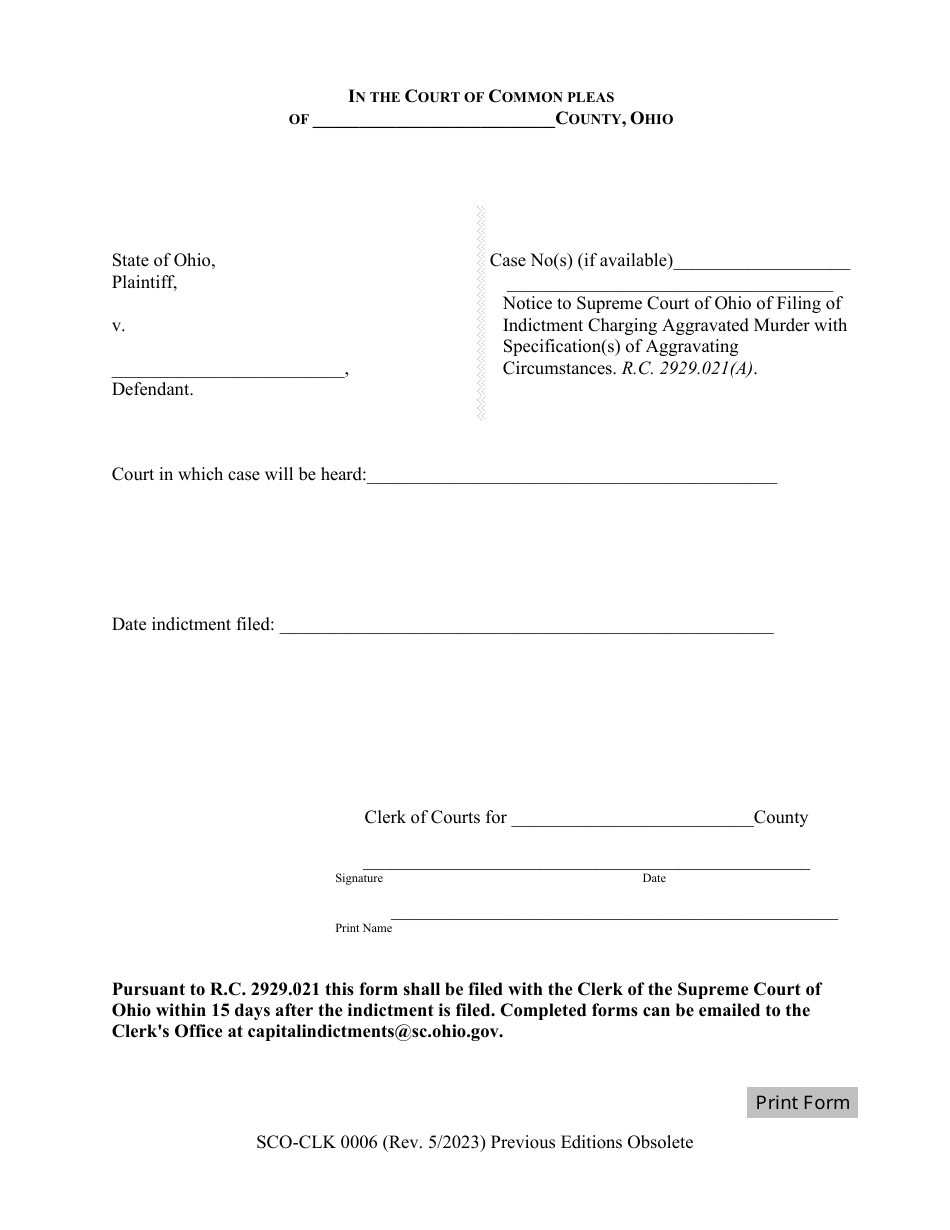 Form SCO-CLK0006 Notice to Supreme Court of Ohio of Filing of Indictment Charging Aggravated Murder With Specification(S) of Aggravating Circumstances - Ohio, Page 1