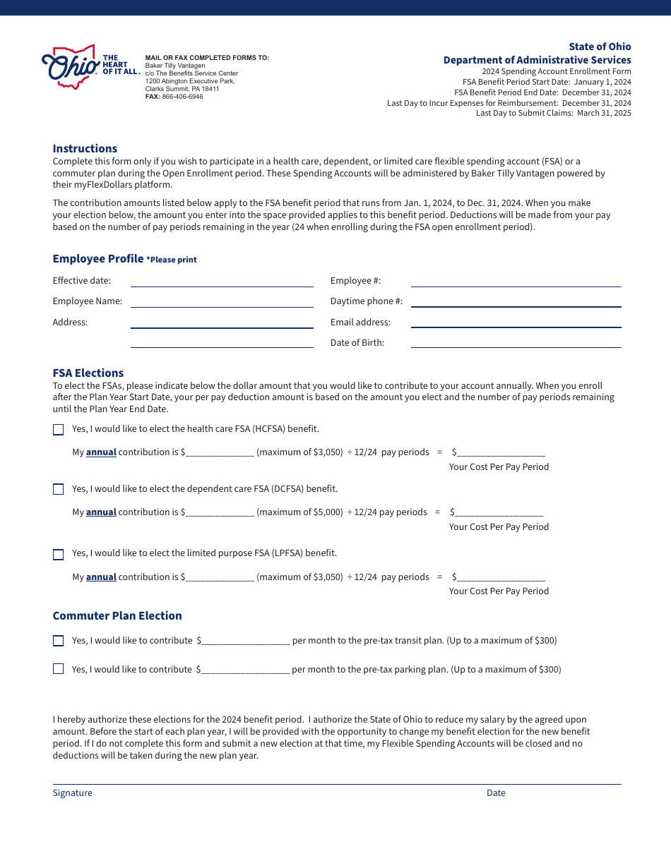 Spending Account Enrollment Form - Ohio, Page 1