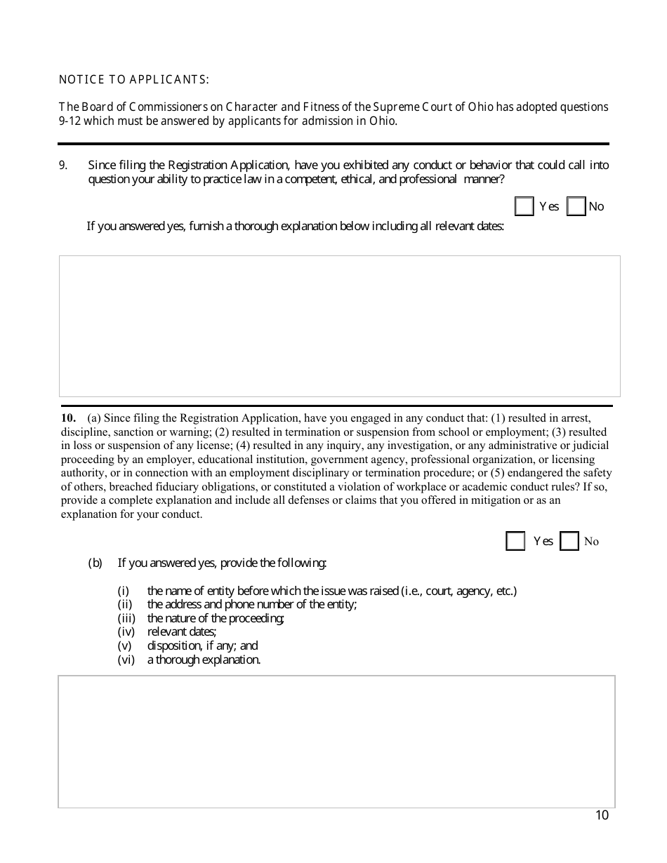 Applicants Supplemental Character Questionnaire - Ohio, Page 10