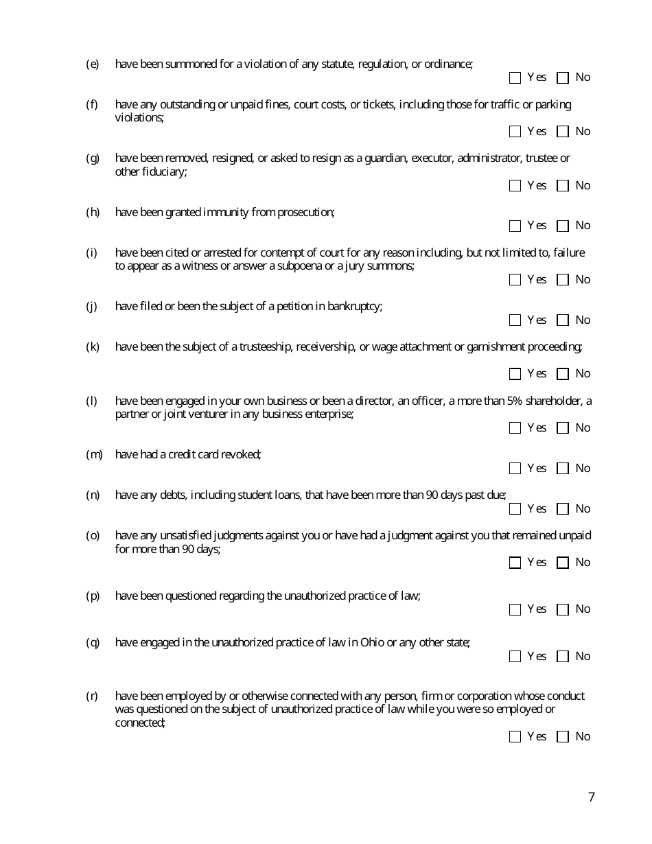 Applicants Supplemental Character Questionnaire - Ohio, Page 7