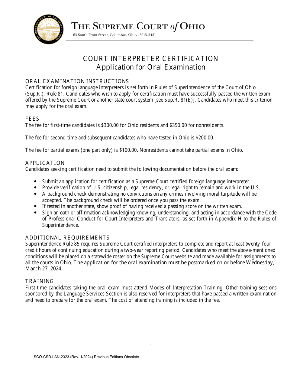 Form SCO-CSD-LAN2323 Application for Oral Examination - Ohio, Page 1