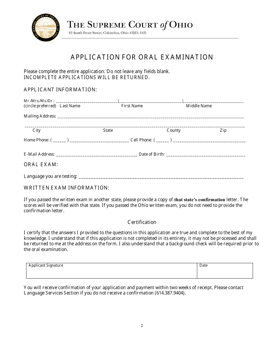 Form SCO-CSD-LAN2323 Application for Oral Examination - Ohio, Page 2
