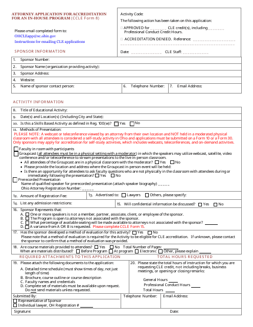 CCLE Form 8 Attorney Application for Accreditation for an in-House Program - Ohio