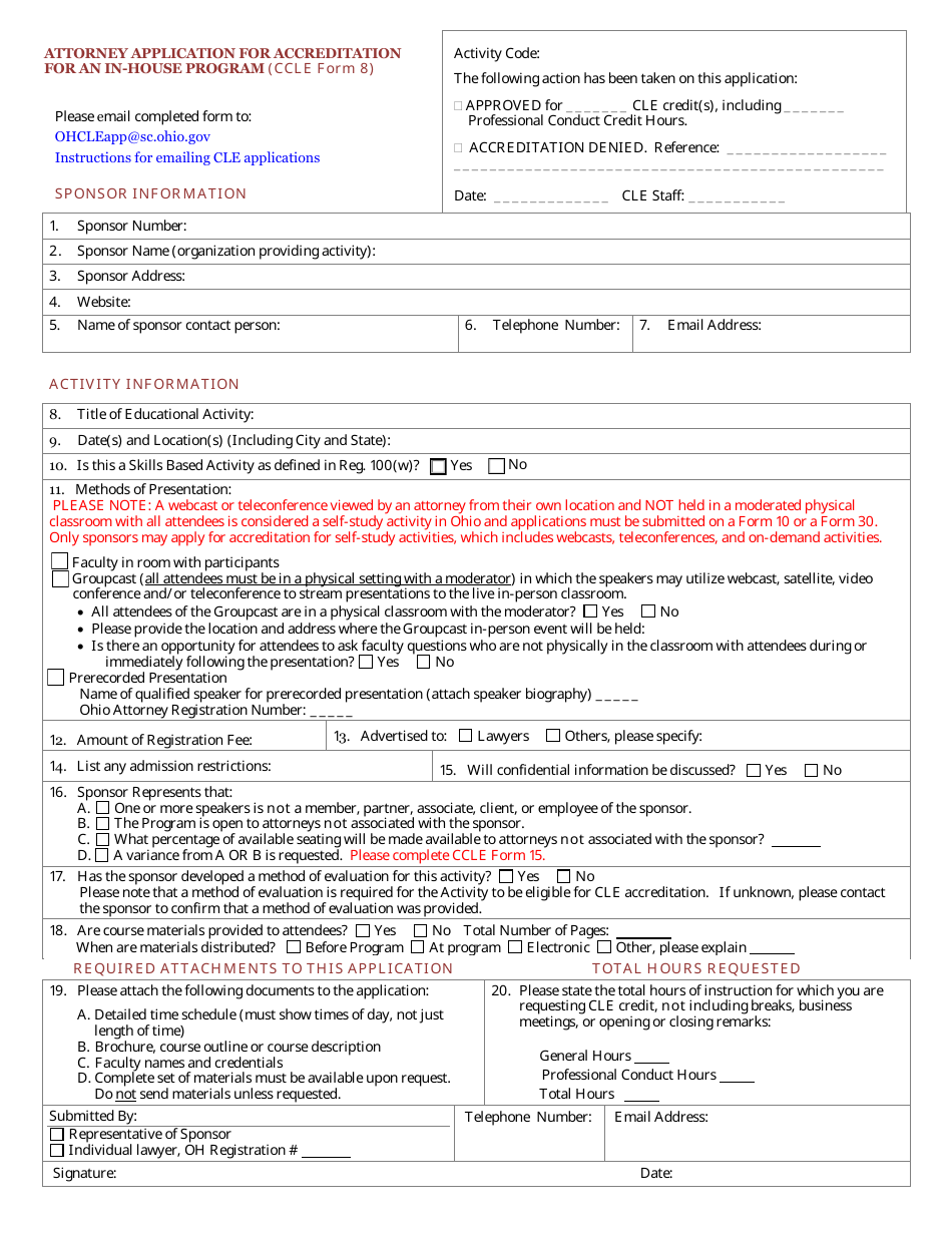 CCLE Form 8 Attorney Application for Accreditation for an in-House Program - Ohio, Page 1