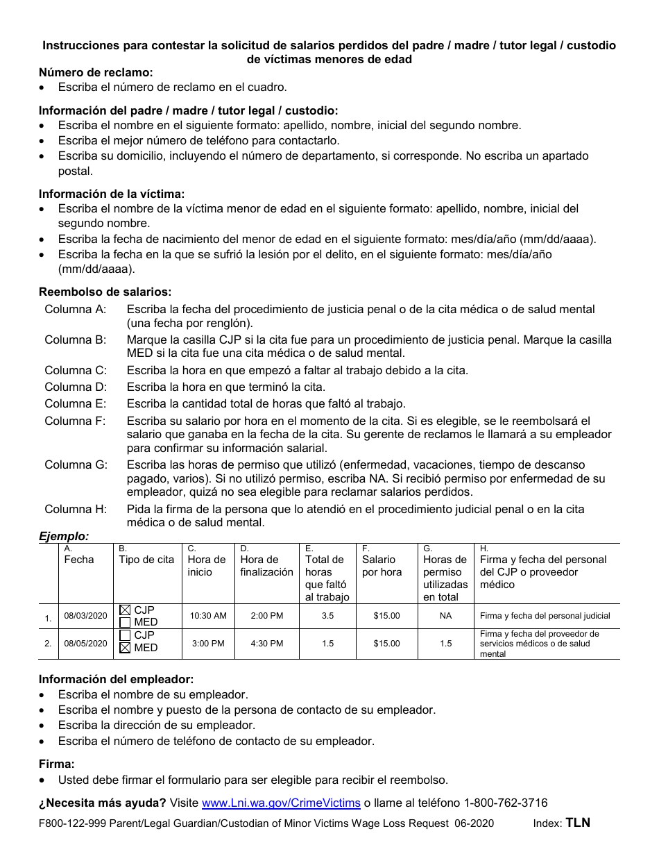 Formulario F800-122-999 Solicitud De Salarios Perdidos Del Padre / Madre / Tutor Legal / Custodio De Victimas Menores De Edad - Washington (Spanish), Page 2