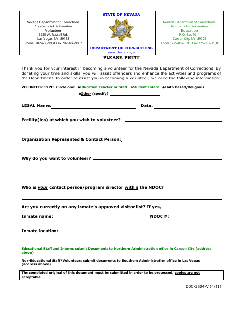 Form DOC-3504-V Volunteer Application Form - Nevada
