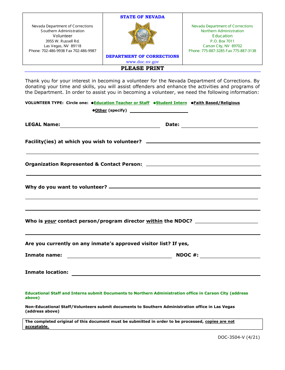 Form DOC-3504-V Volunteer Application Form - Nevada, Page 1