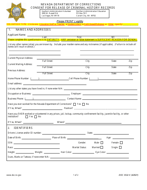 Form DOC3532-V Consent for Release of Criminal History Records - Nevada