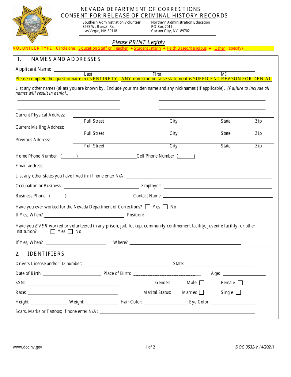 Form DOC3532-V Consent for Release of Criminal History Records - Nevada, Page 1