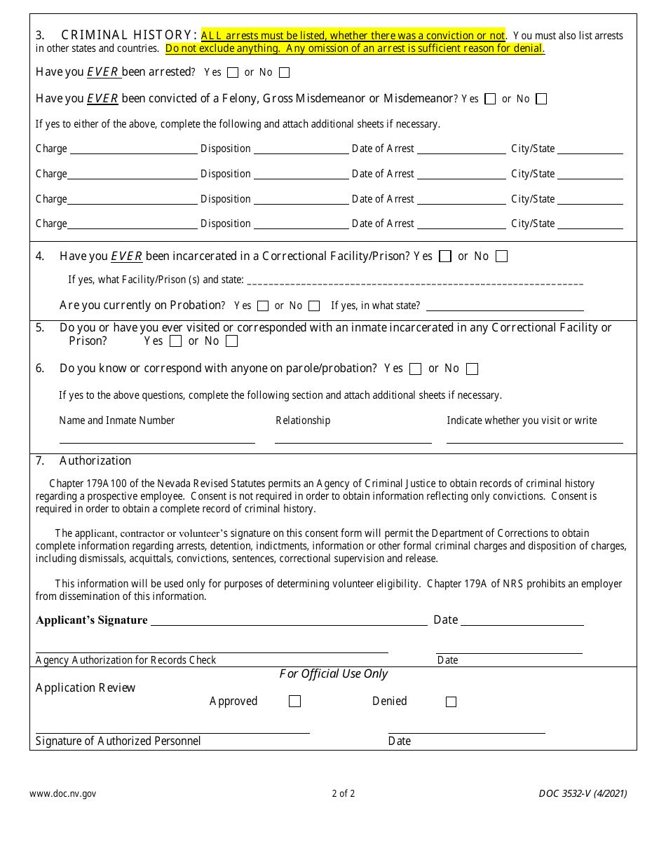 Form DOC3532-V Consent for Release of Criminal History Records - Nevada, Page 2