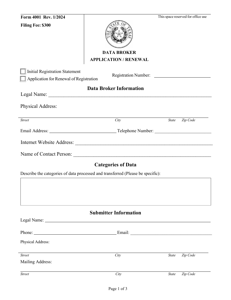Form 4001 Data Broker Application / Renewal - Texas, Page 1
