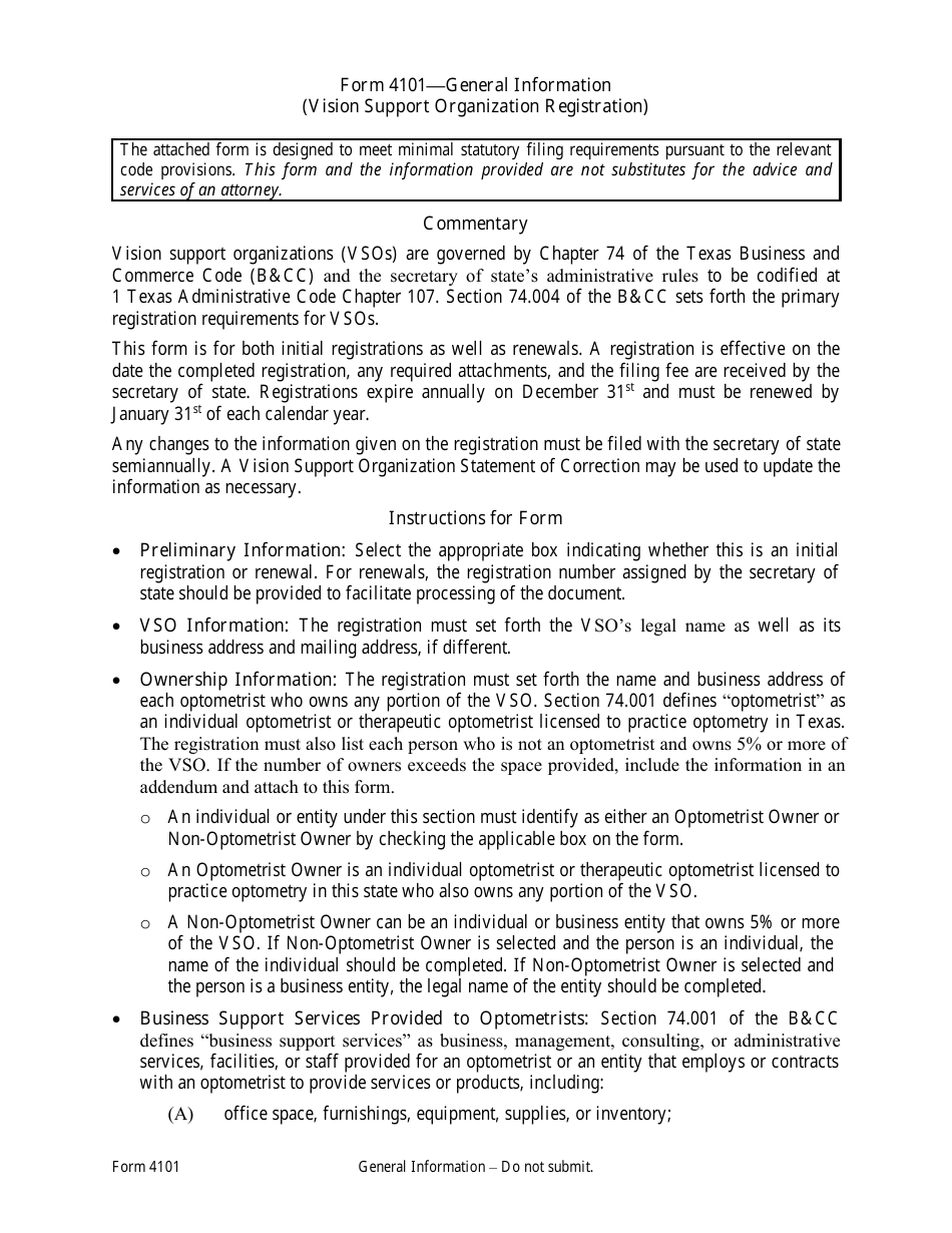 Form 4101 Vision Support Organization Information - Texas, Page 1