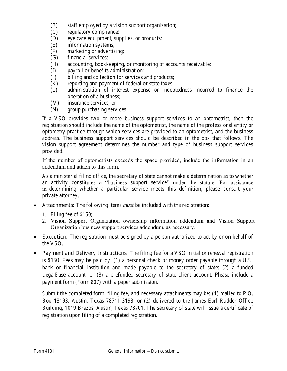 Form 4101 Vision Support Organization Information - Texas, Page 2