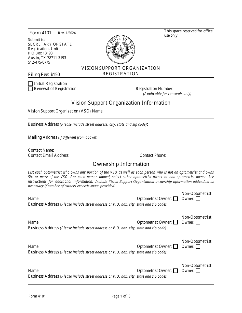 Form 4101 Vision Support Organization Information - Texas, Page 3