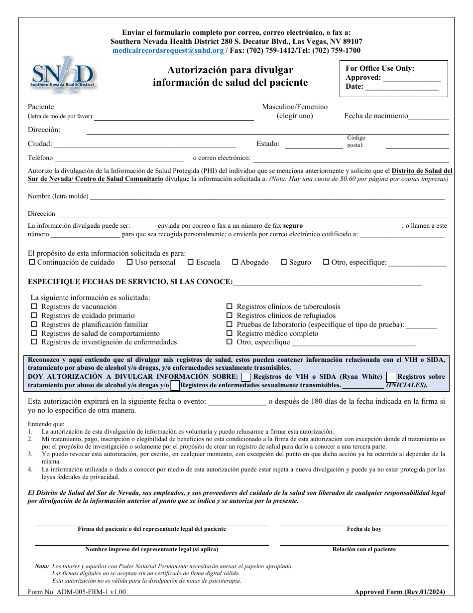 Formulario ADM-005-FRM-1 Autorizacion Para Divulgar Informacion De Salud Del Pacie - Nevada (Spanish), Page 1