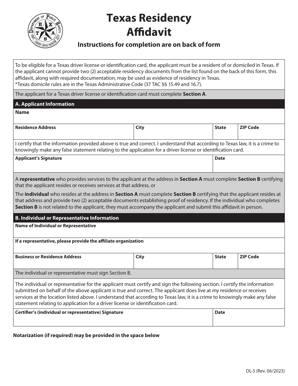 Form DL-5 Texas Residency Affidavit - Texas, Page 1