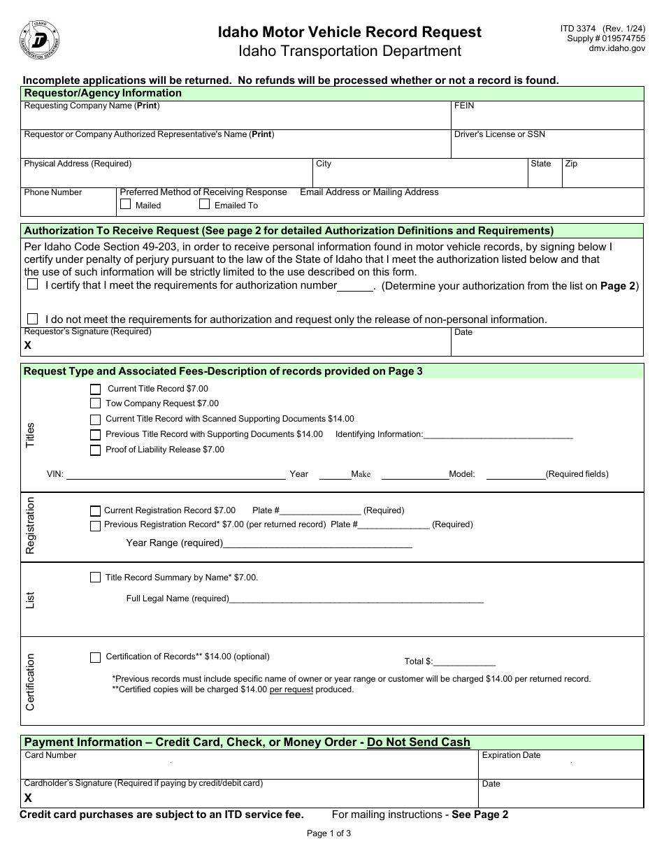 Form ITD3374 Idaho Motor Vehicle Record Request - Idaho, Page 1