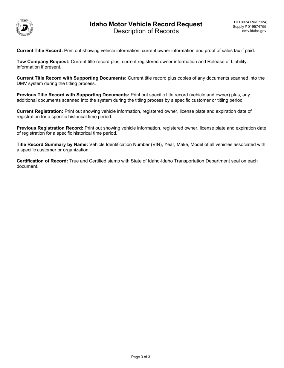 Form ITD3374 Idaho Motor Vehicle Record Request - Idaho, Page 3