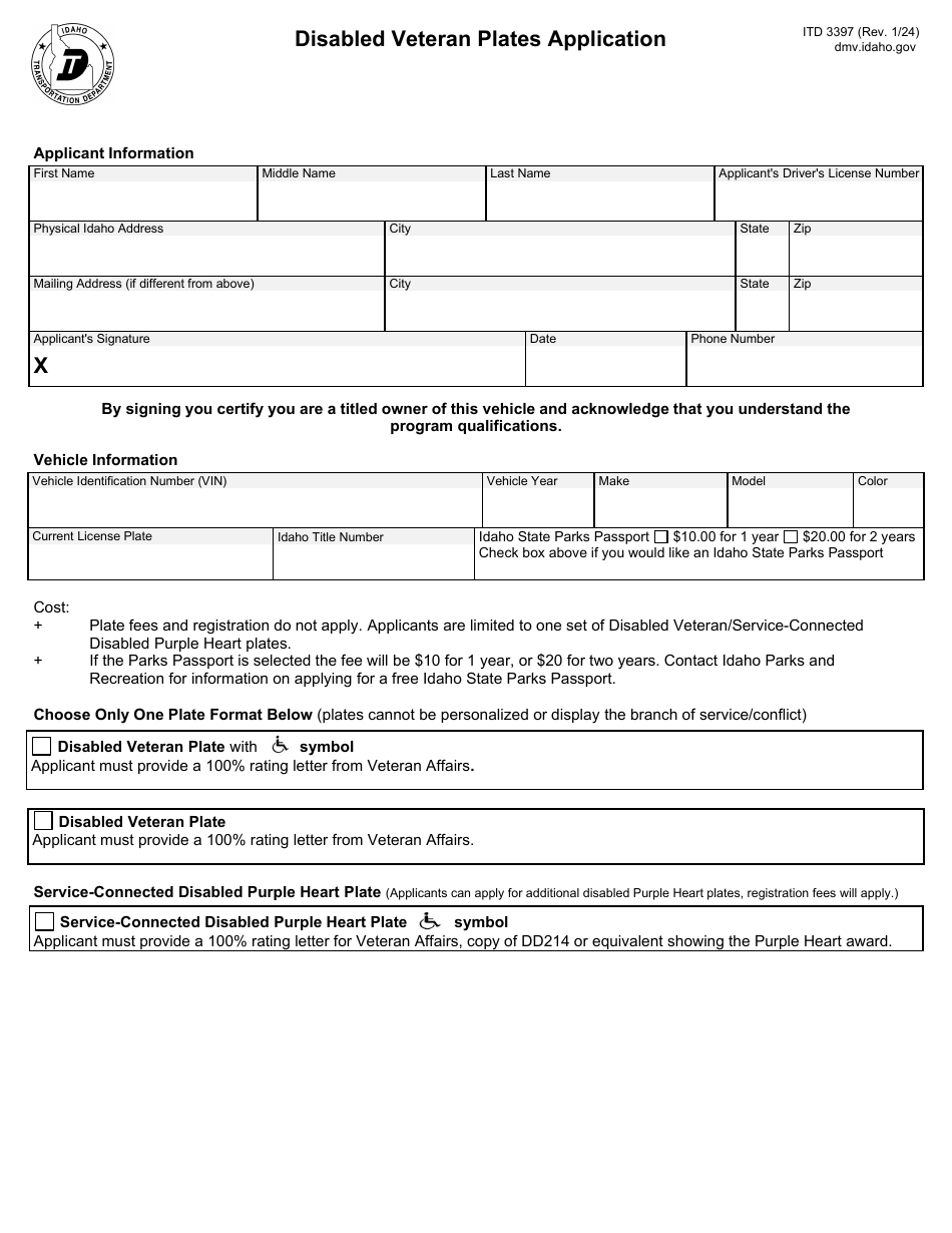 Form ITD3397 Disabled Veteran Plates Application - Idaho, Page 1