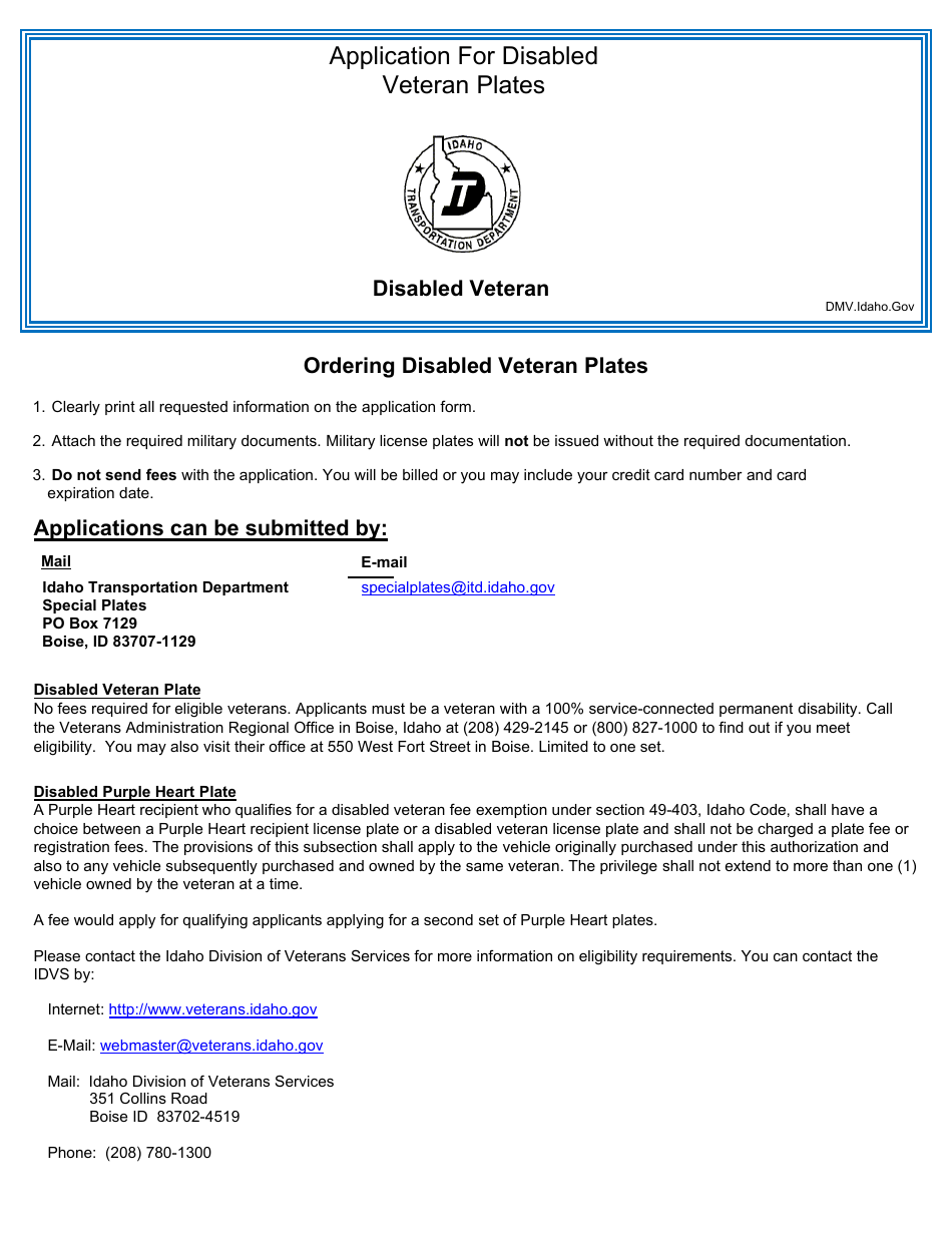 Form ITD3397 Disabled Veteran Plates Application - Idaho, Page 2