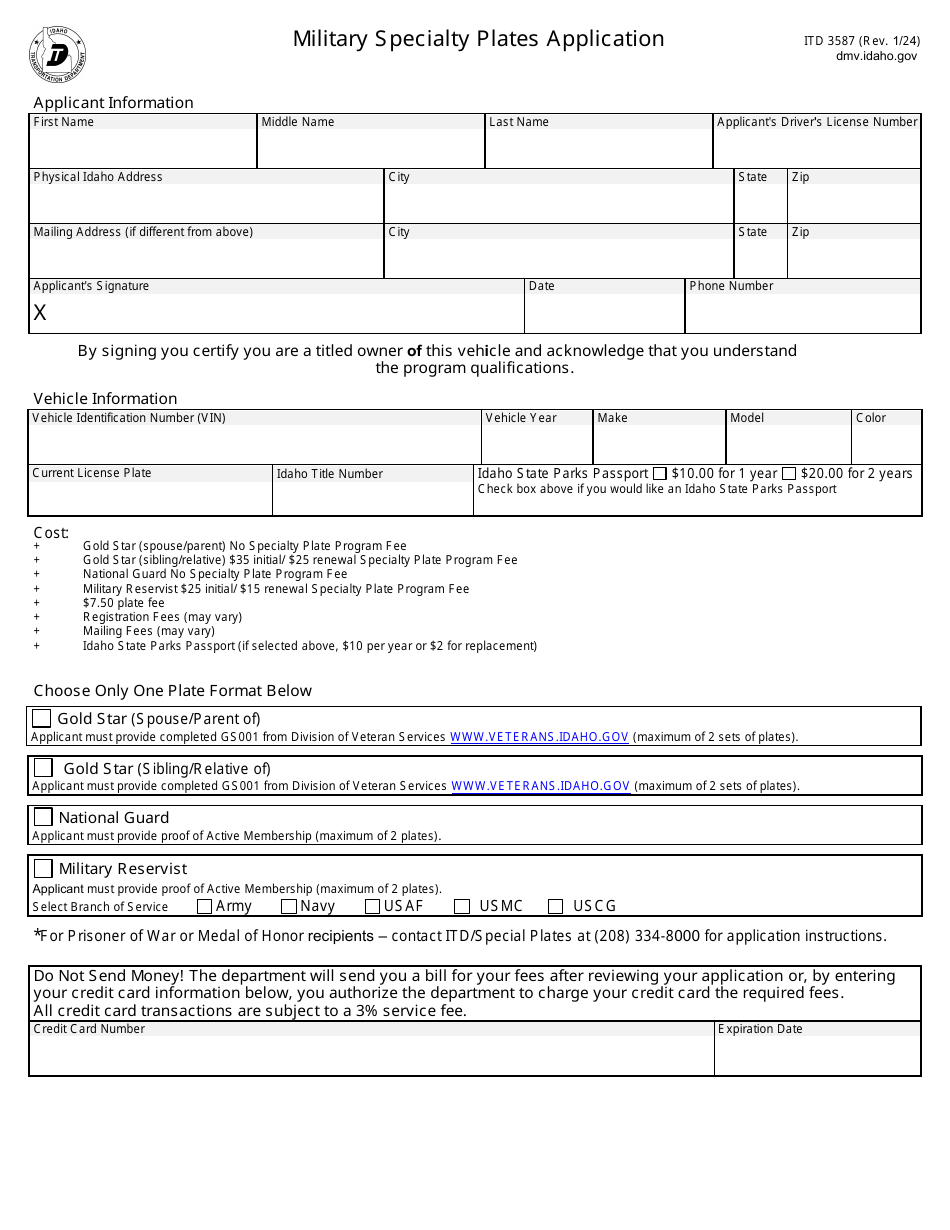 Form ITD3587 Military Specialty Plates Application - Idaho, Page 1