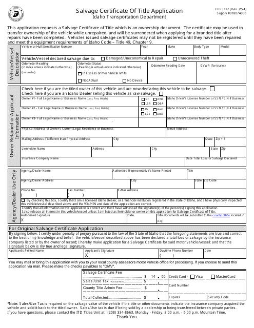 Form ITD3312 Salvage Certificate of Title Application - Idaho