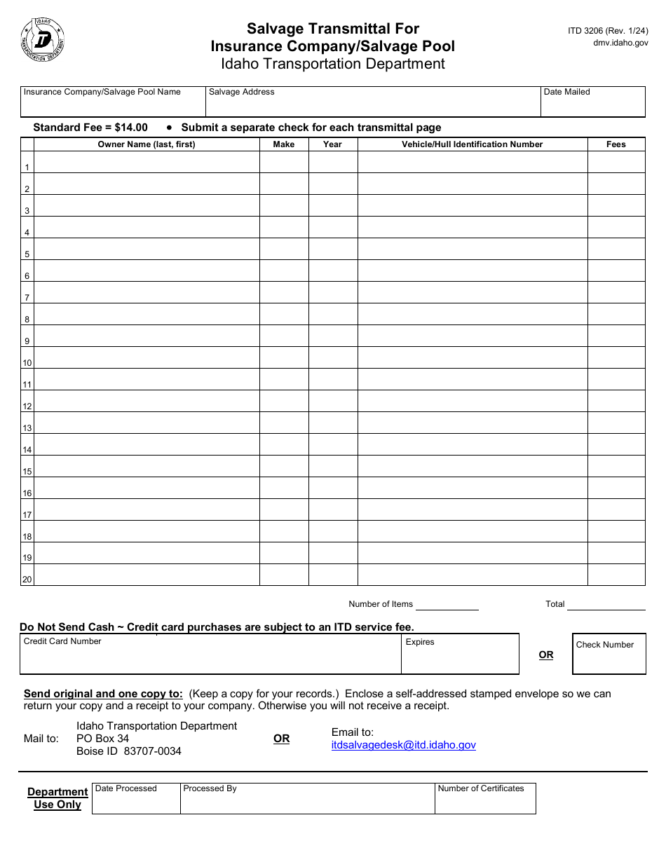 Form ITD3206 Salvage Transmittal for Insurance Company / Salvage Pool - Idaho, Page 1