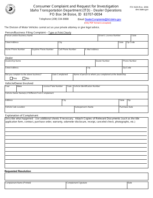 Form ITD3628 Consumer Complaint and Request for Investigation - Idaho