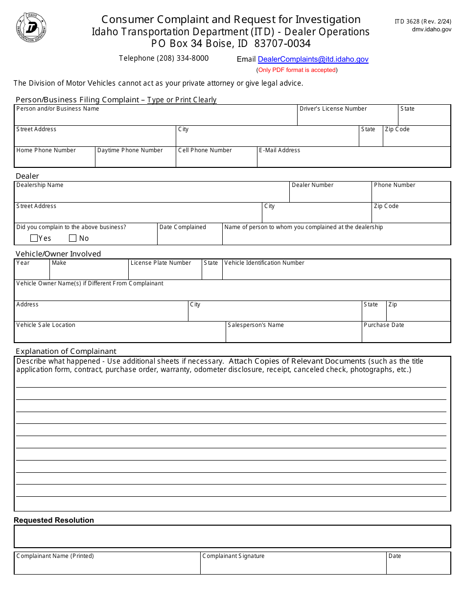 Form ITD3628 Consumer Complaint and Request for Investigation - Idaho, Page 1