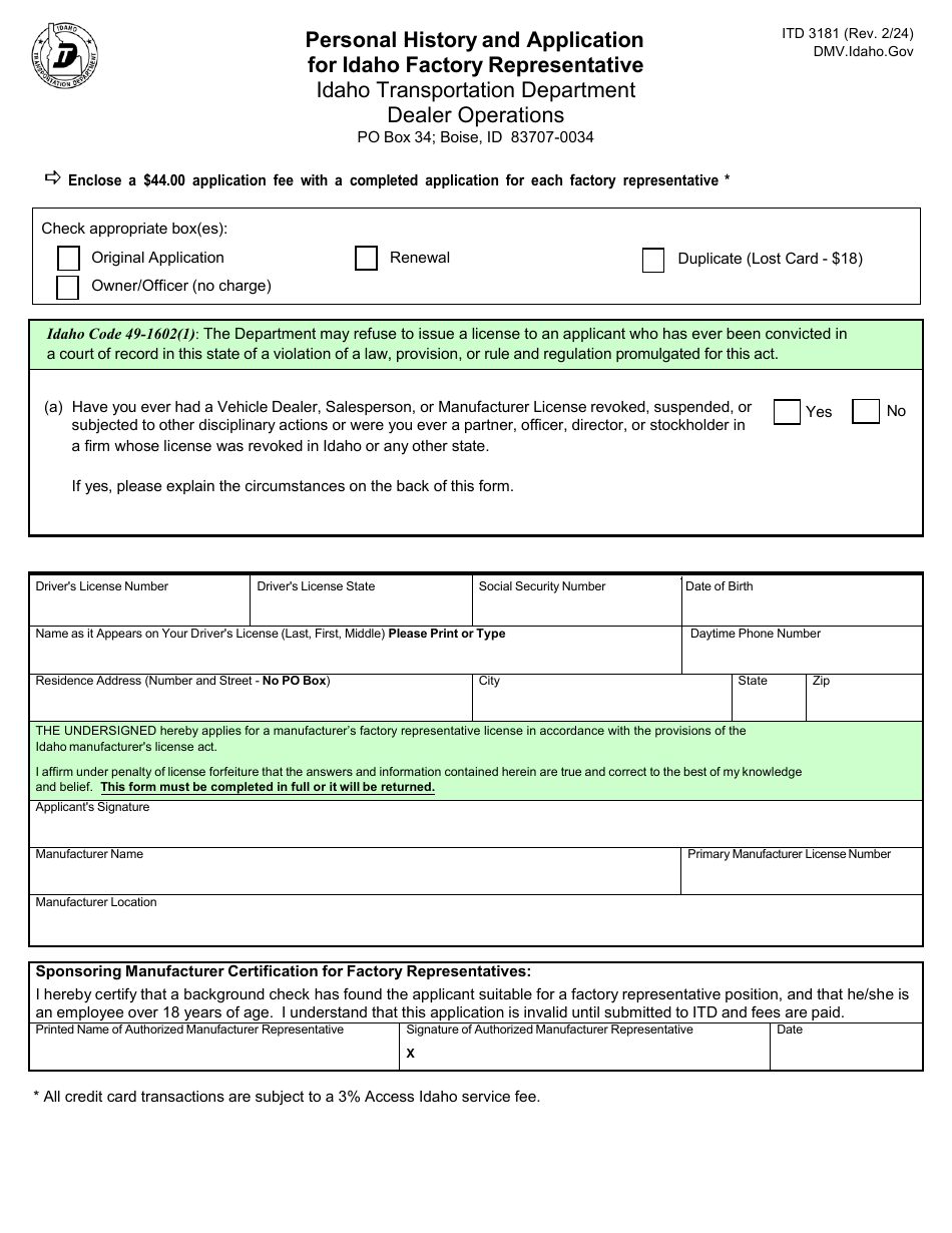 Form ITD3181 Personal History and Application for Idaho Factory Representative - Idaho, Page 1
