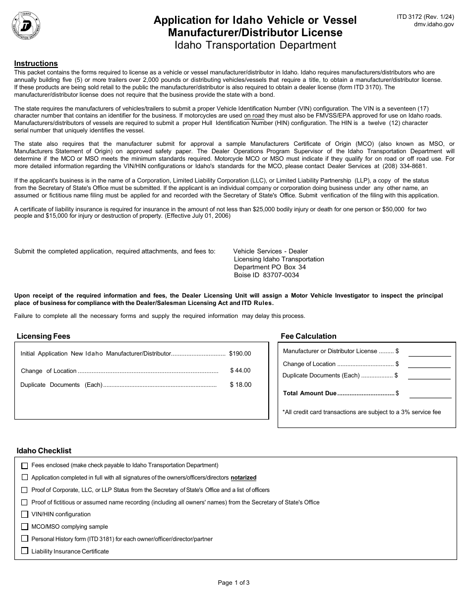 Form ITD3172 Application for Idaho Vehicle or Vessel Manufacturer / Distributor License - Idaho, Page 1