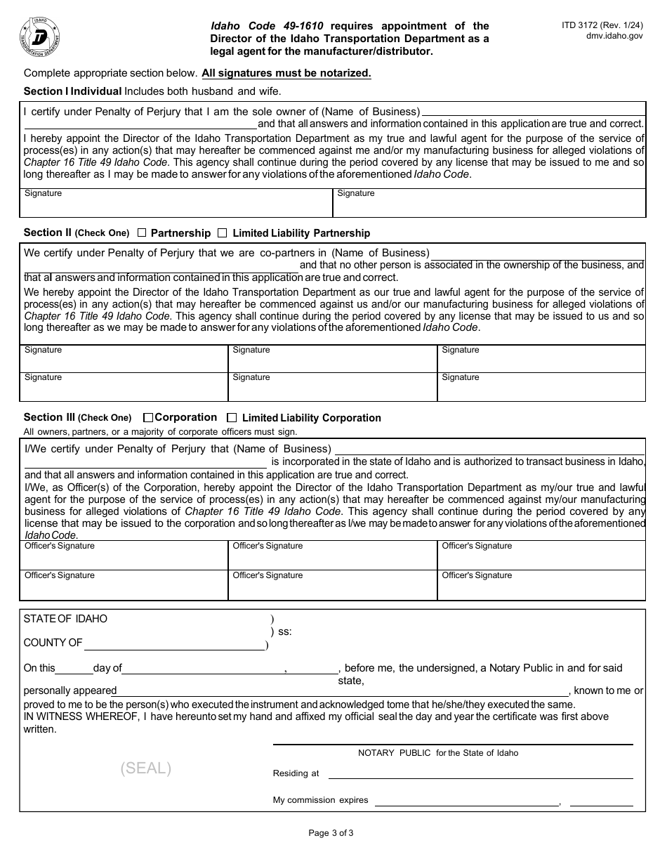 Form ITD3172 Application for Idaho Vehicle or Vessel Manufacturer / Distributor License - Idaho, Page 3
